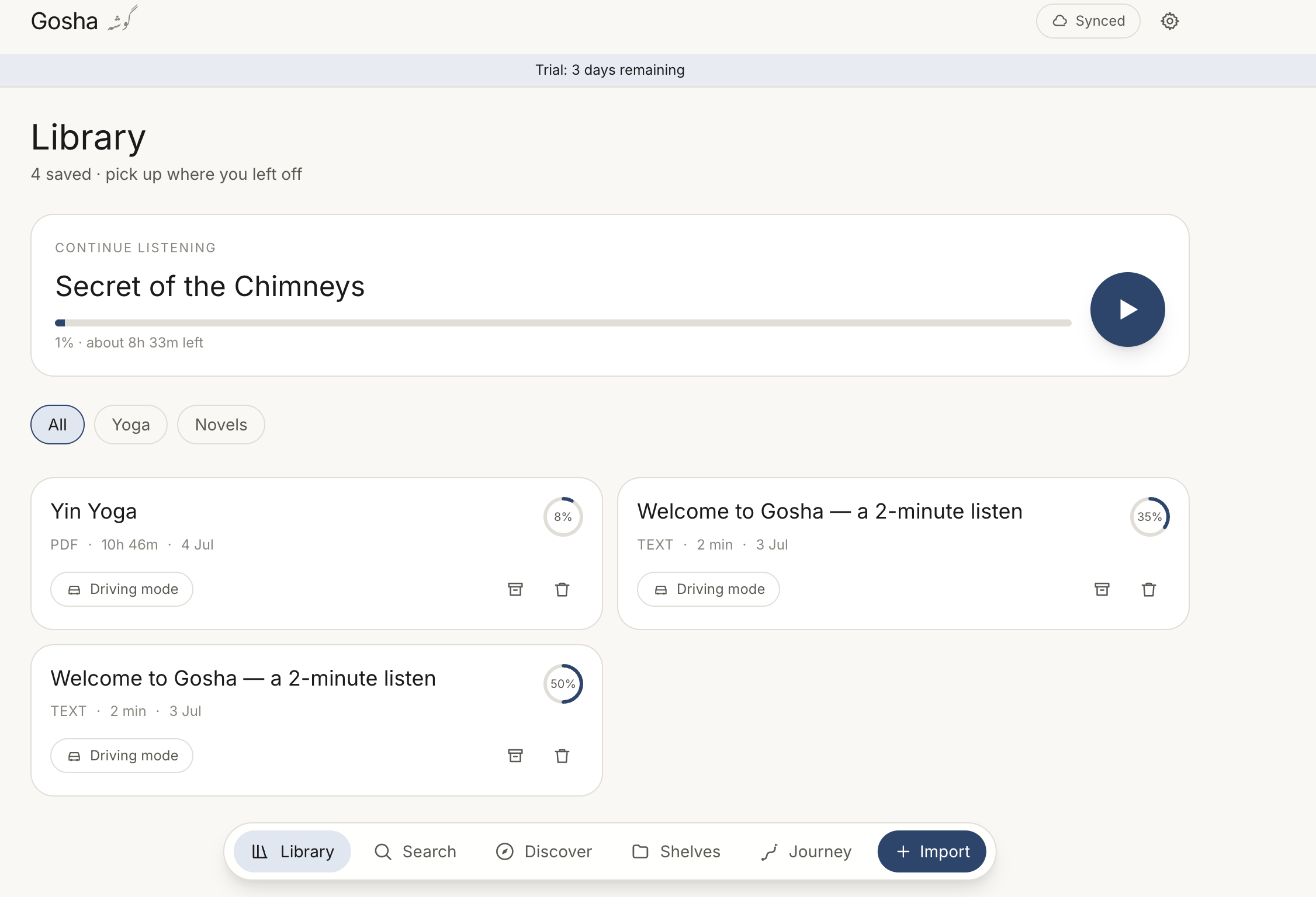 Gosha library view — saved articles with resume progress rings, ready to continue listening